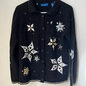 Karen Scott Sport Black Button Down Snowflake Cardigan